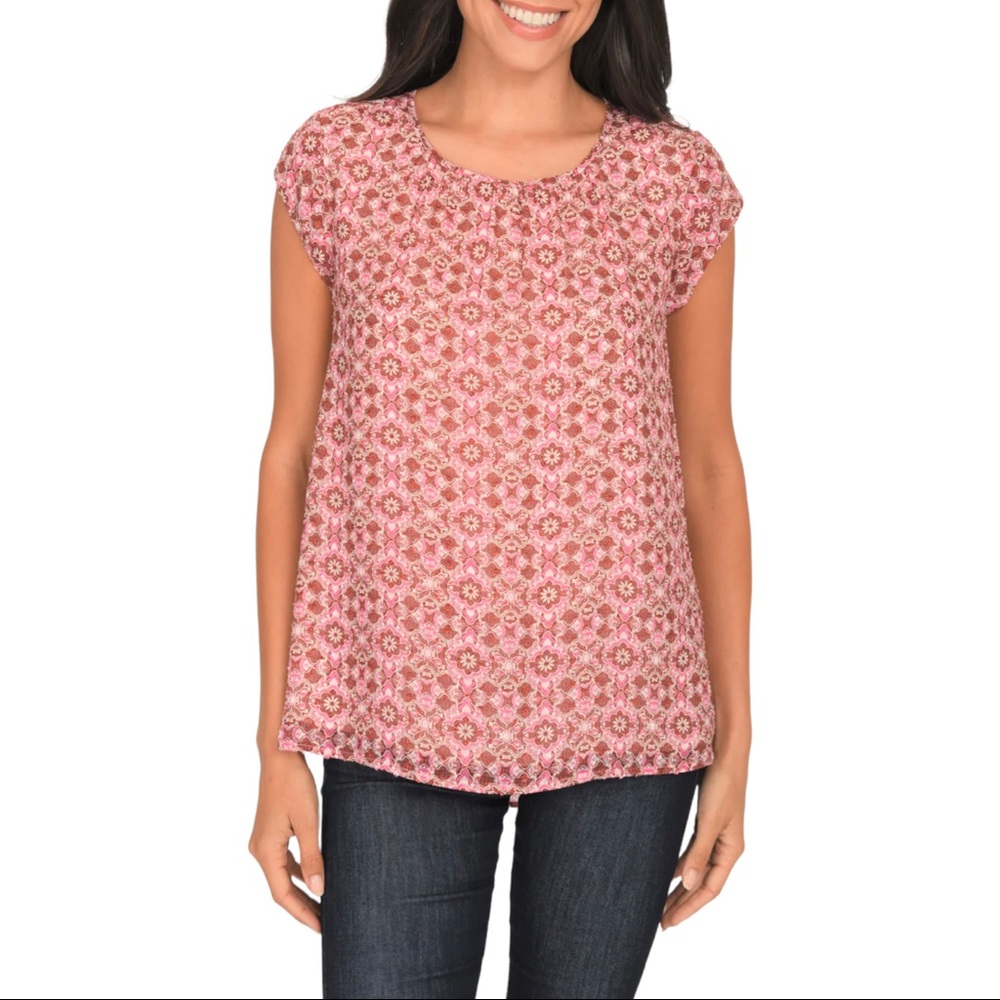 Daniel Rainn DR2 Camilla Cap Sleeve Relaxed Fit Blouse in Pink Large